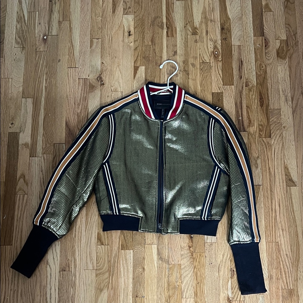 BCBGMaxAzria Gold Bomber Jacket with Black Accents